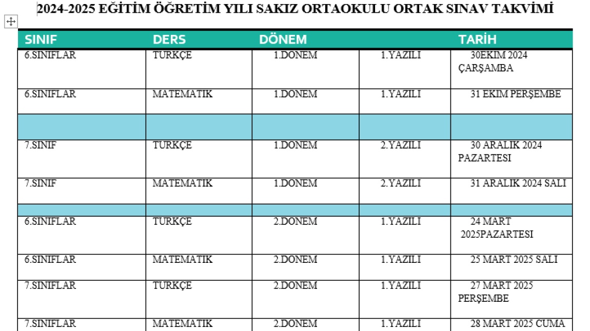 2024-2025 EĞİTİM ÖĞRETİM YILI ORTAK SINAV TAKVİMİ